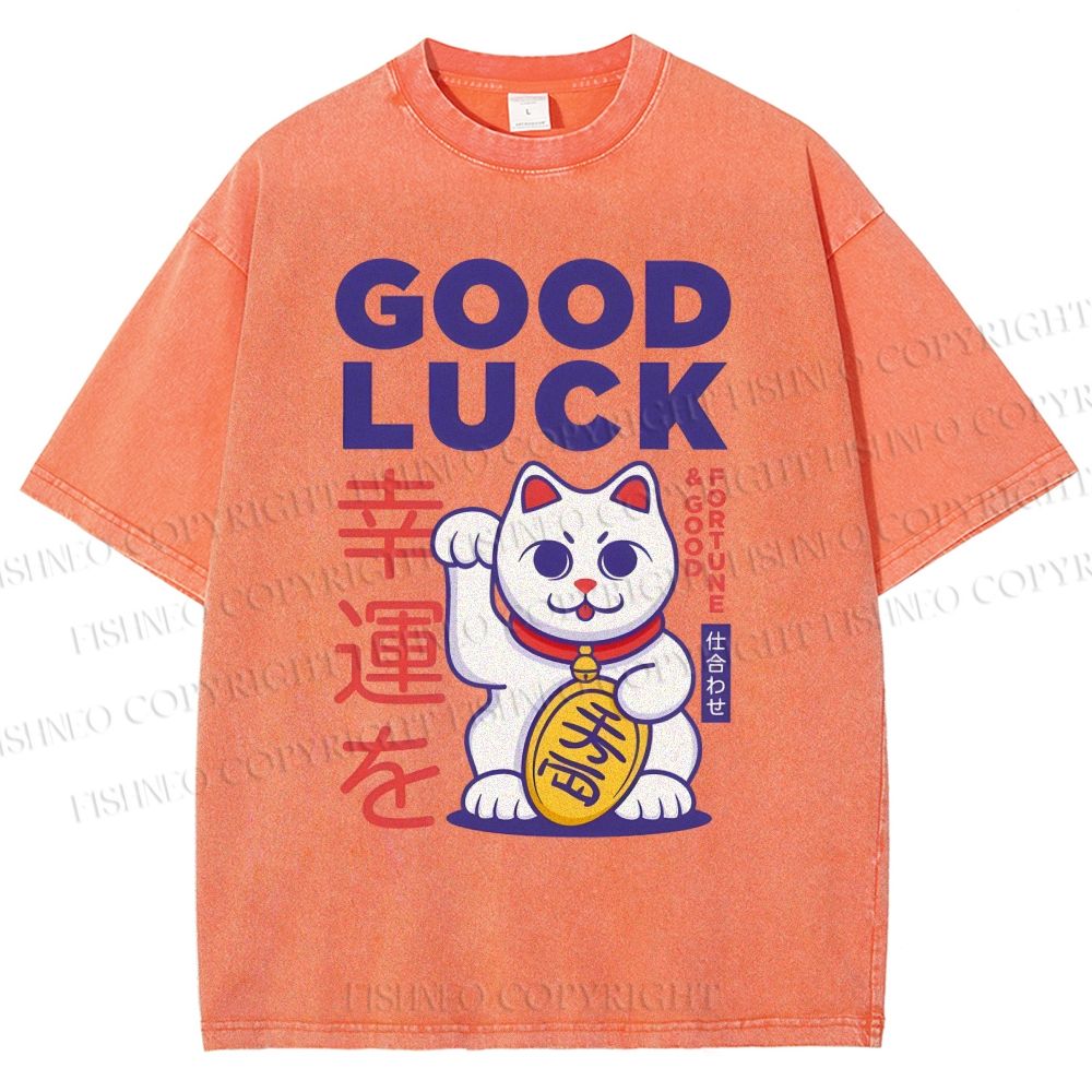Unisex Lucky Cat Printed Washed Tee