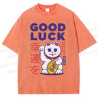 Unisex Lucky Cat Printed Washed Tee