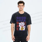 Unisex Lucky Cat Printed Washed Tee