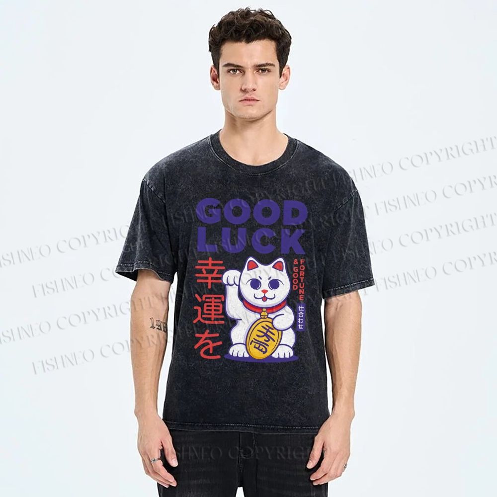 Unisex Lucky Cat Printed Washed Tee