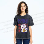 Unisex Lucky Cat Printed Washed Tee