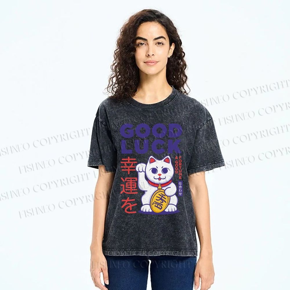 Unisex Lucky Cat Printed Washed Tee