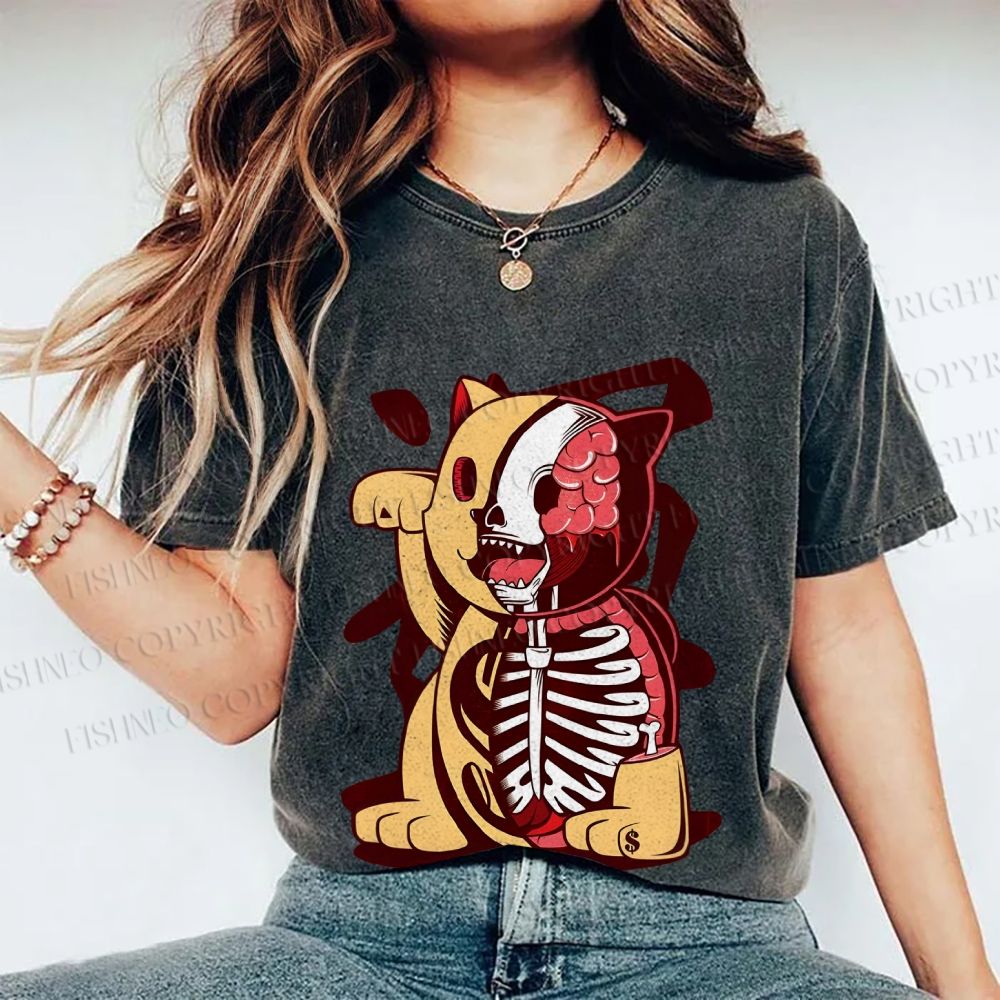 Unisex Vintage Japanese Skull Fortune Cat Printed Washed Tee