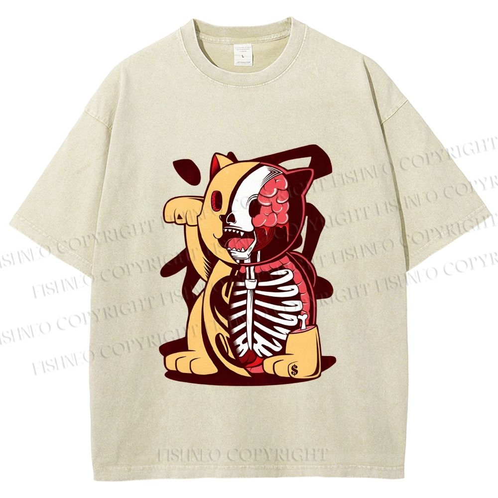 Unisex Vintage Japanese Skull Fortune Cat Printed Washed Tee
