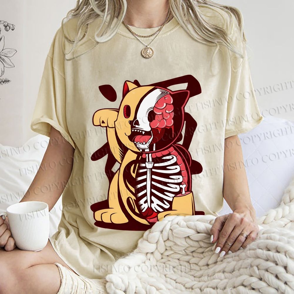 Unisex Vintage Japanese Skull Fortune Cat Printed Washed Tee
