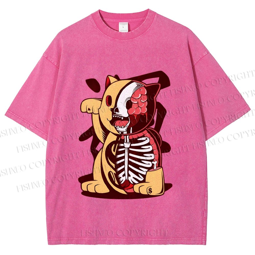 Unisex Vintage Japanese Skull Fortune Cat Printed Washed Tee