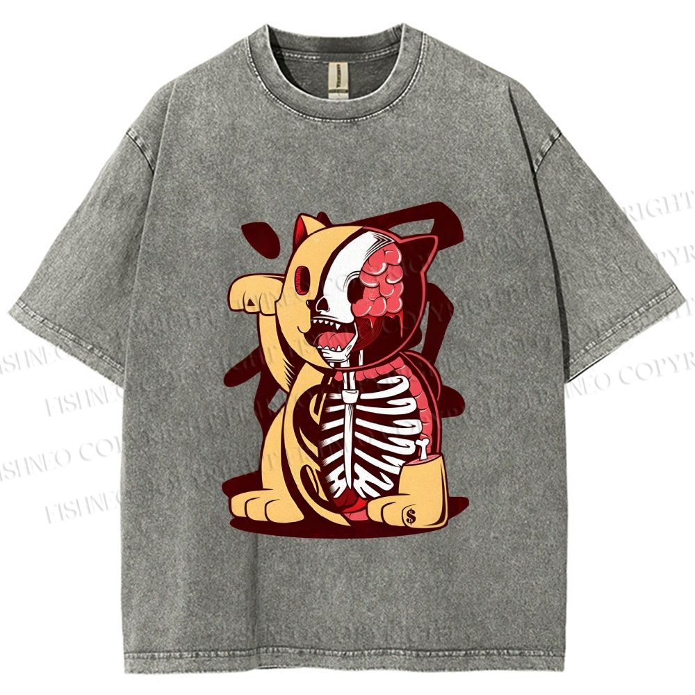 Unisex Vintage Japanese Skull Fortune Cat Printed Washed Tee