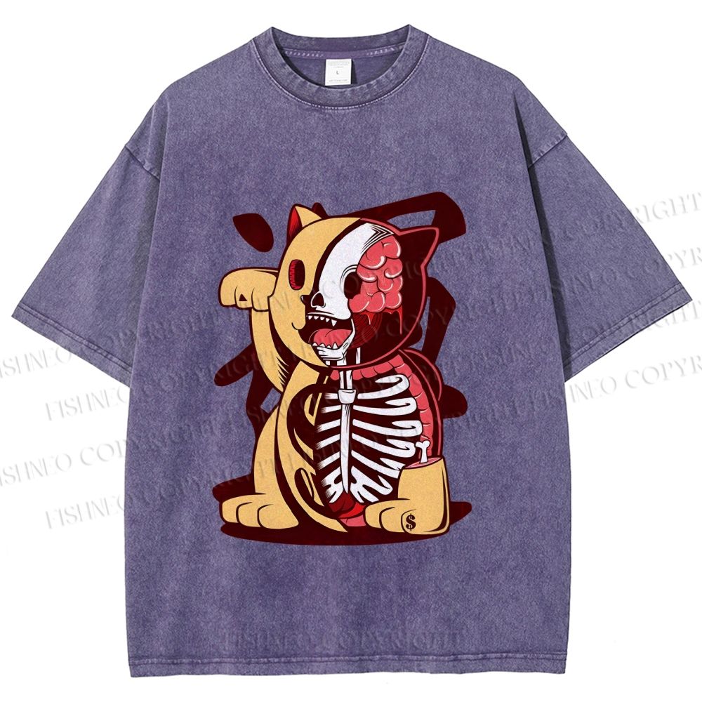 Unisex Vintage Japanese Skull Fortune Cat Printed Washed Tee