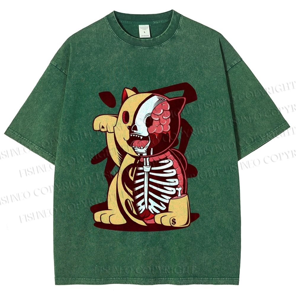 Unisex Vintage Japanese Skull Fortune Cat Printed Washed Tee