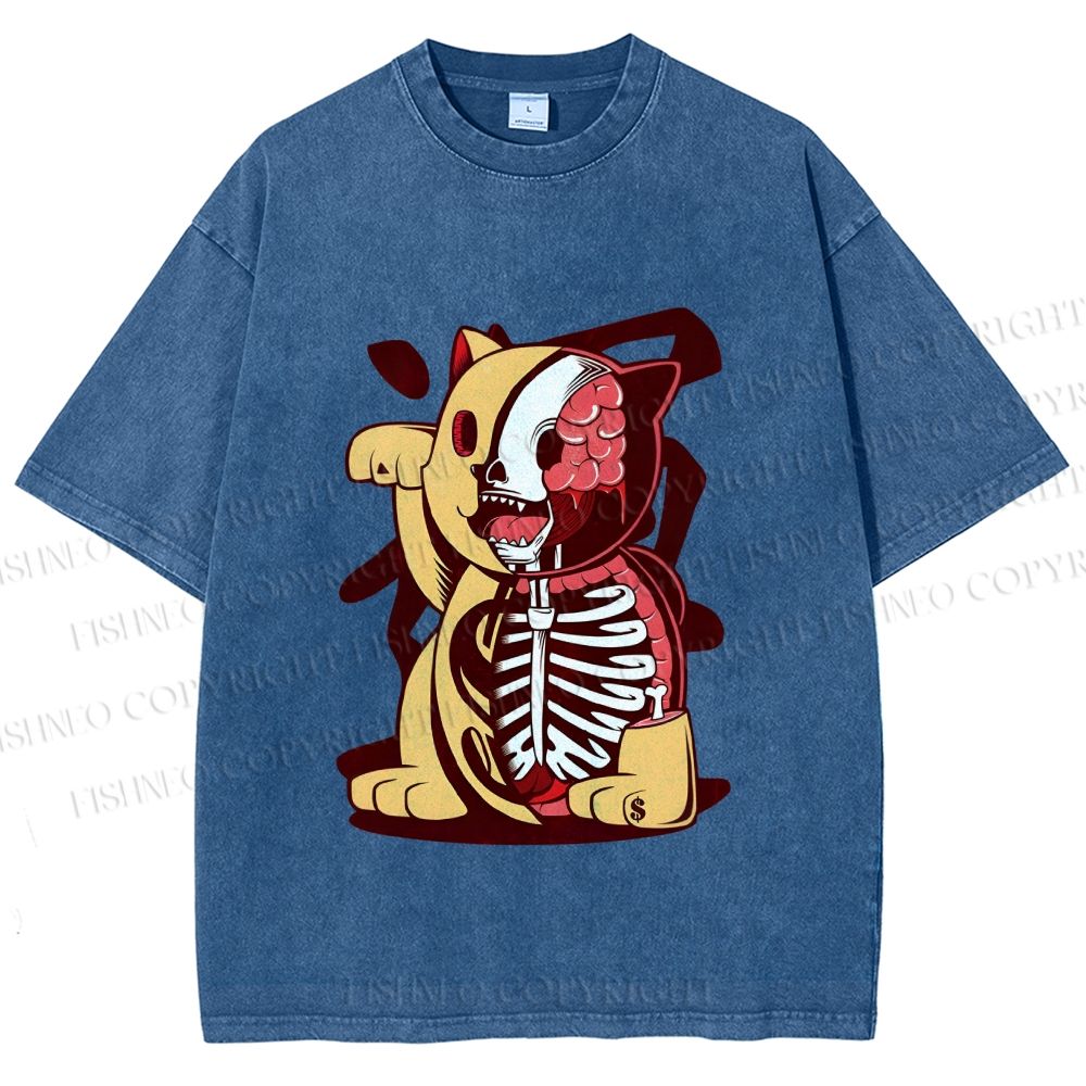 Unisex Vintage Japanese Skull Fortune Cat Printed Washed Tee