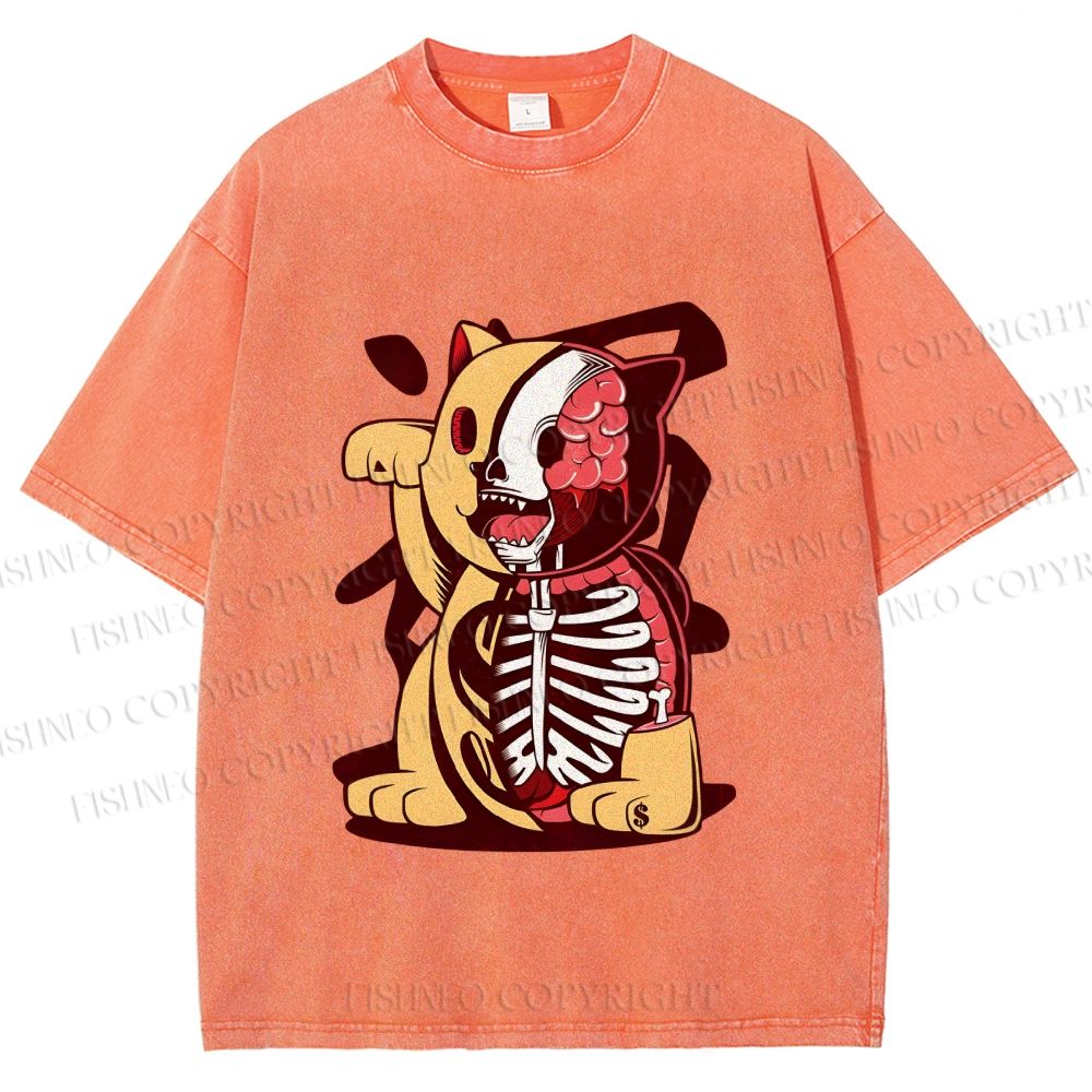 Unisex Vintage Japanese Skull Fortune Cat Printed Washed Tee