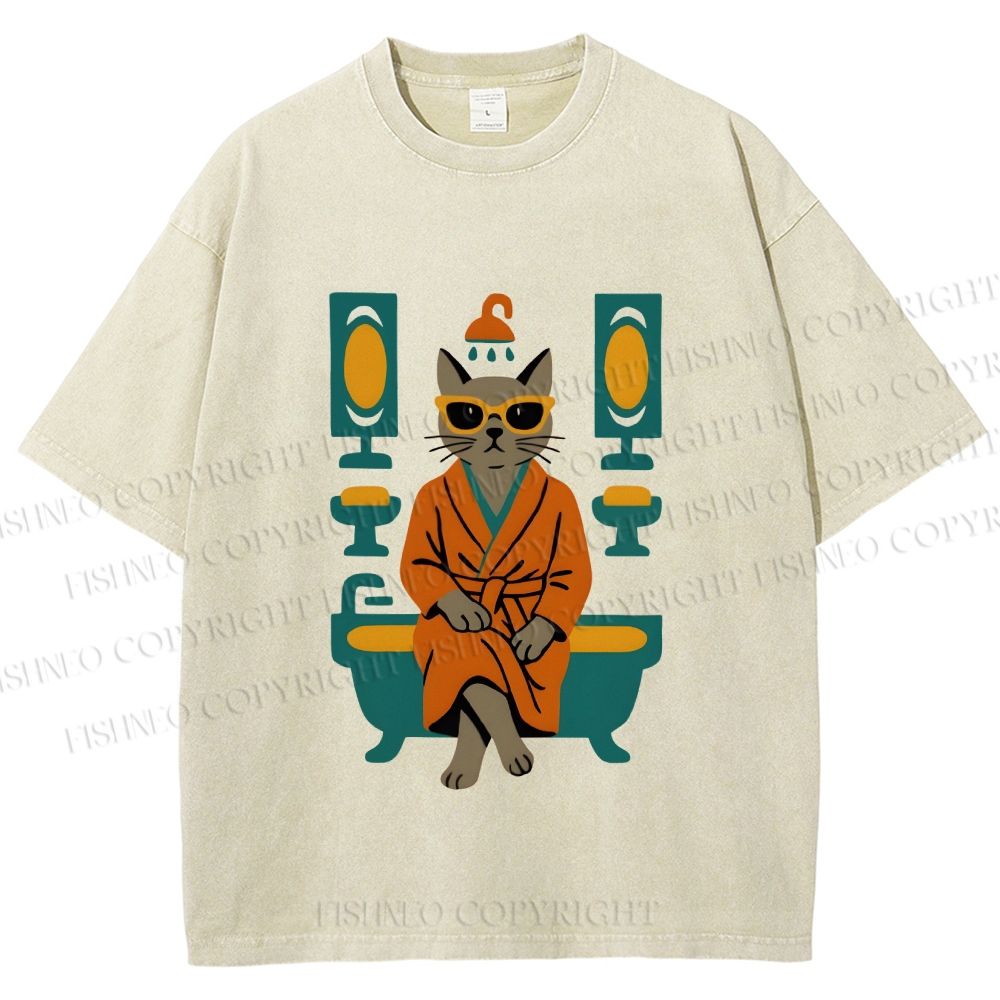 Unisex Vintage Cat Printed Washed Tee