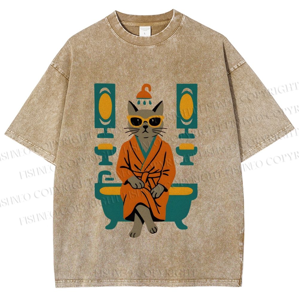 Unisex Vintage Cat Printed Washed Tee