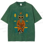 Unisex Vintage Cat Printed Washed Tee