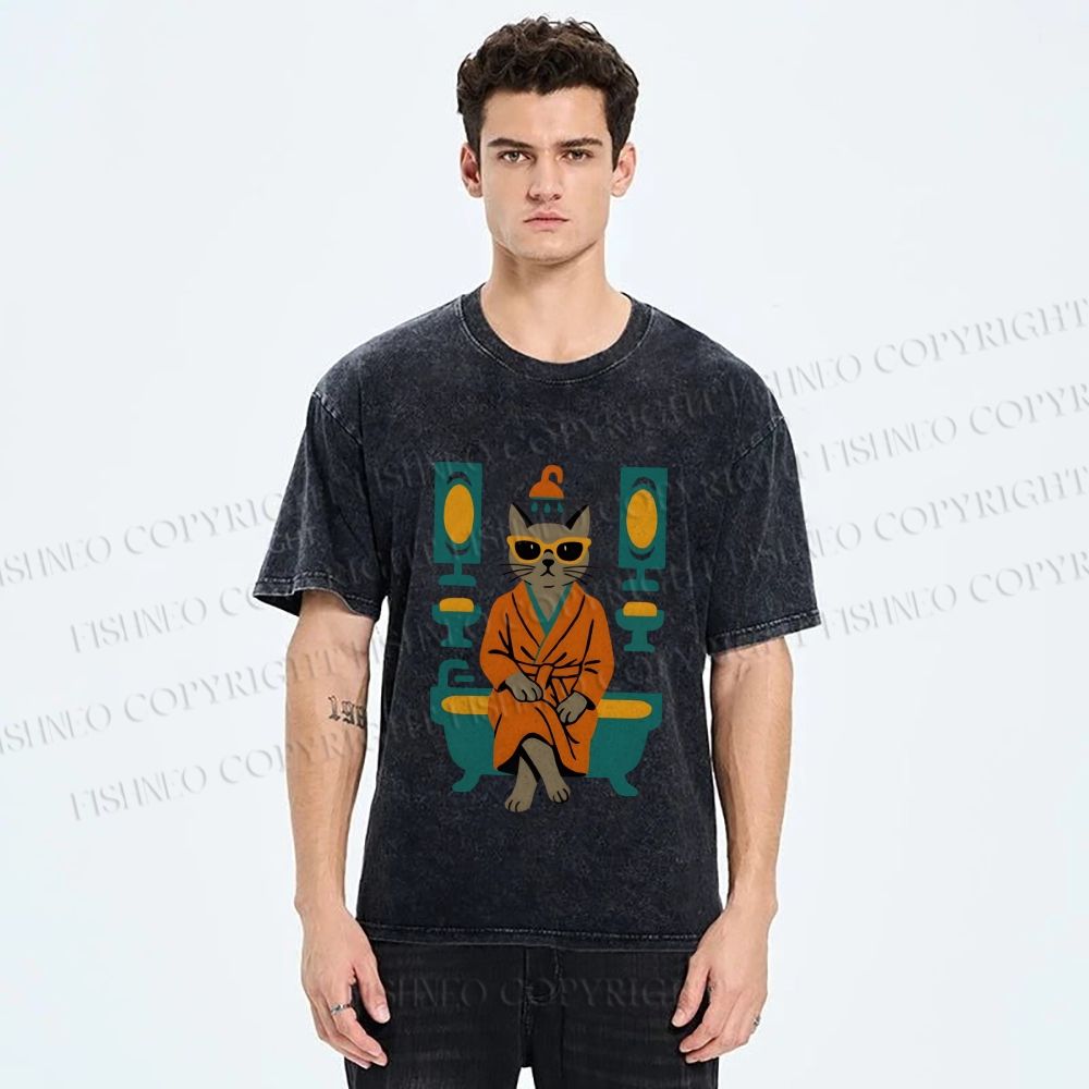 Unisex Vintage Cat Printed Washed Tee