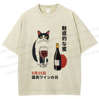 Unisex Vintage Japanese Wine Cat Printed Washed Tee