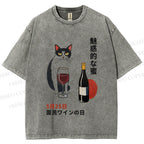 Unisex Vintage Japanese Wine Cat Printed Washed Tee