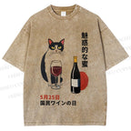 Unisex Vintage Japanese Wine Cat Printed Washed Tee