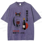 Unisex Vintage Japanese Wine Cat Printed Washed Tee