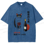 Unisex Vintage Japanese Wine Cat Printed Washed Tee