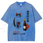 Unisex Vintage Japanese Wine Cat Printed Washed Tee