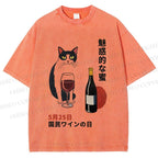 Unisex Vintage Japanese Wine Cat Printed Washed Tee