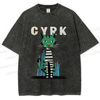 Unisex Vintage Silly Cat Printed Washed Tee