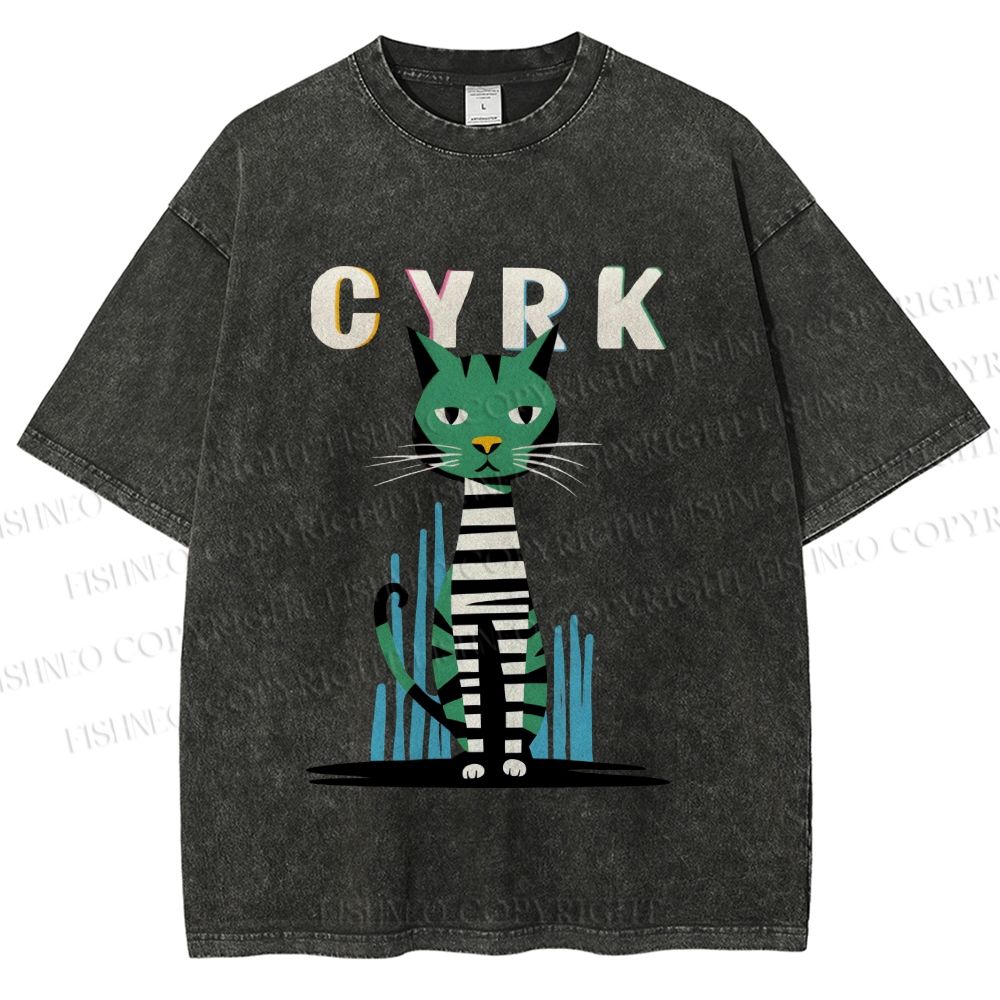Unisex Vintage Silly Cat Printed Washed Tee