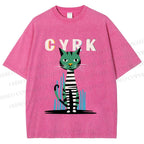 Unisex Vintage Silly Cat Printed Washed Tee