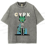Unisex Vintage Silly Cat Printed Washed Tee
