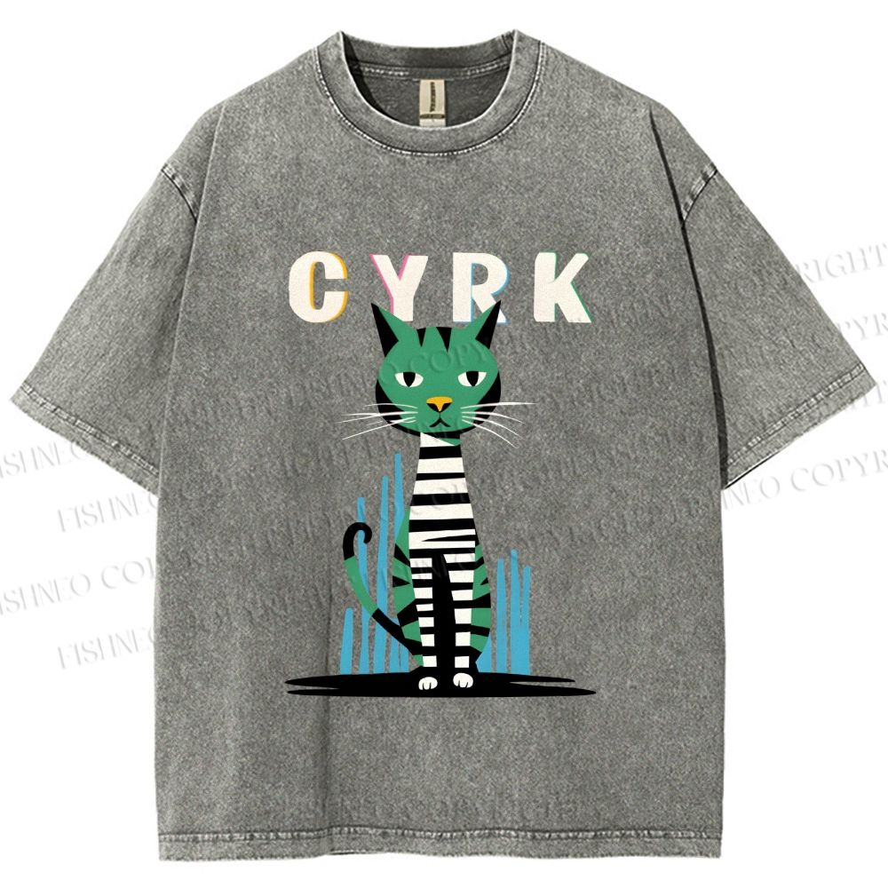 Unisex Vintage Silly Cat Printed Washed Tee