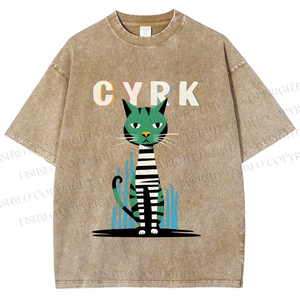 Unisex Vintage Silly Cat Printed Washed Tee
