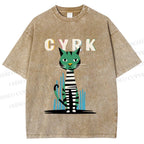 Unisex Vintage Silly Cat Printed Washed Tee