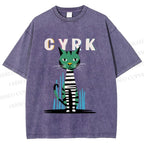 Unisex Vintage Silly Cat Printed Washed Tee