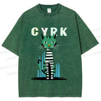 Unisex Vintage Silly Cat Printed Washed Tee
