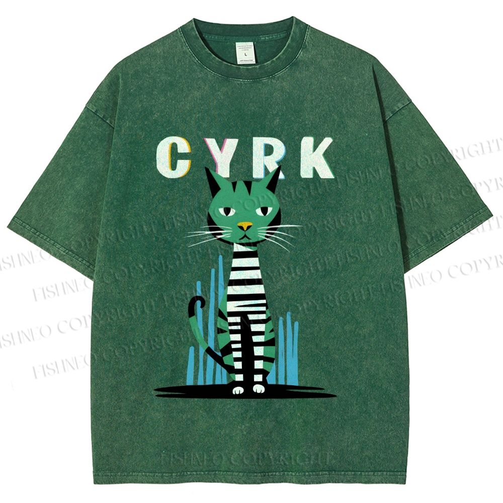 Unisex Vintage Silly Cat Printed Washed Tee