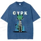 Unisex Vintage Silly Cat Printed Washed Tee