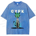 Unisex Vintage Silly Cat Printed Washed Tee