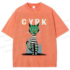 Unisex Vintage Silly Cat Printed Washed Tee