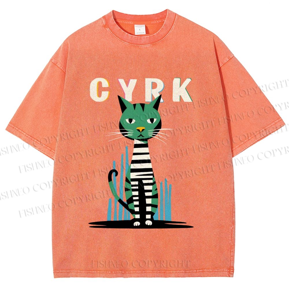 Unisex Vintage Silly Cat Printed Washed Tee