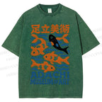 Unisex Vintage Japanese Fish Printed Washed Tee