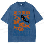 Unisex Vintage Japanese Fish Printed Washed Tee