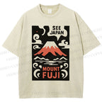 Unisex Vintage Japanese Mount Fuji Printed Washed Tee