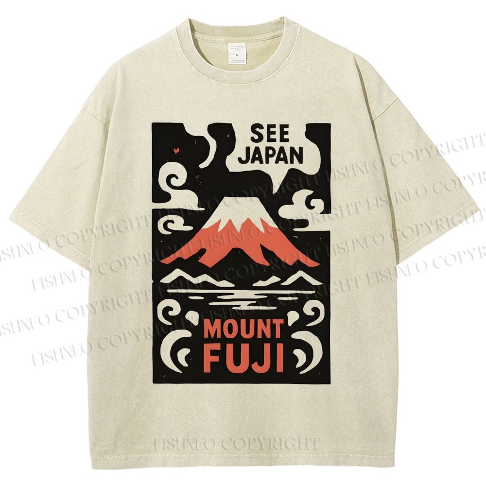 Unisex Vintage Japanese Mount Fuji Printed Washed Tee