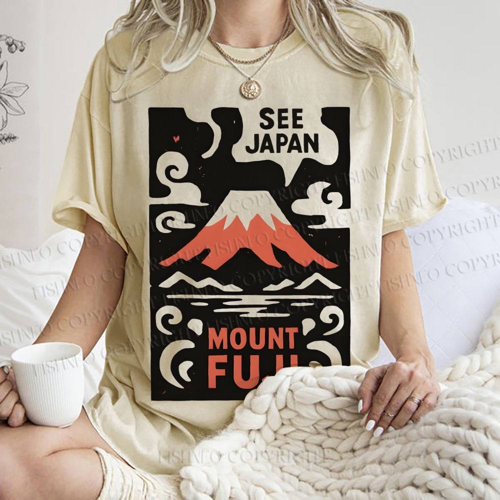 Unisex Vintage Japanese Mount Fuji Printed Washed Tee