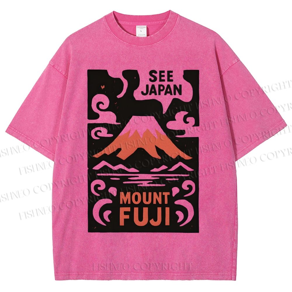 Unisex Vintage Japanese Mount Fuji Printed Washed Tee