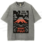 Unisex Vintage Japanese Mount Fuji Printed Washed Tee