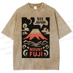Unisex Vintage Japanese Mount Fuji Printed Washed Tee