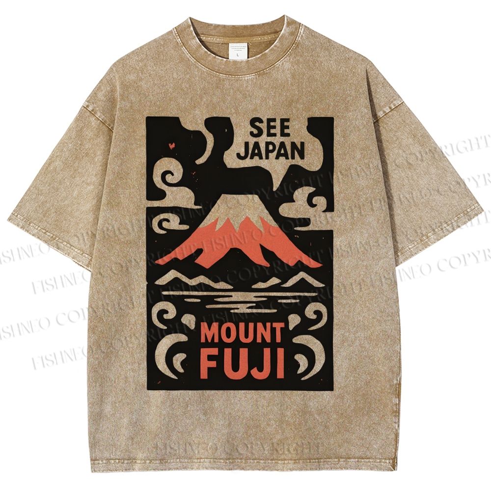 Unisex Vintage Japanese Mount Fuji Printed Washed Tee