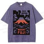 Unisex Vintage Japanese Mount Fuji Printed Washed Tee